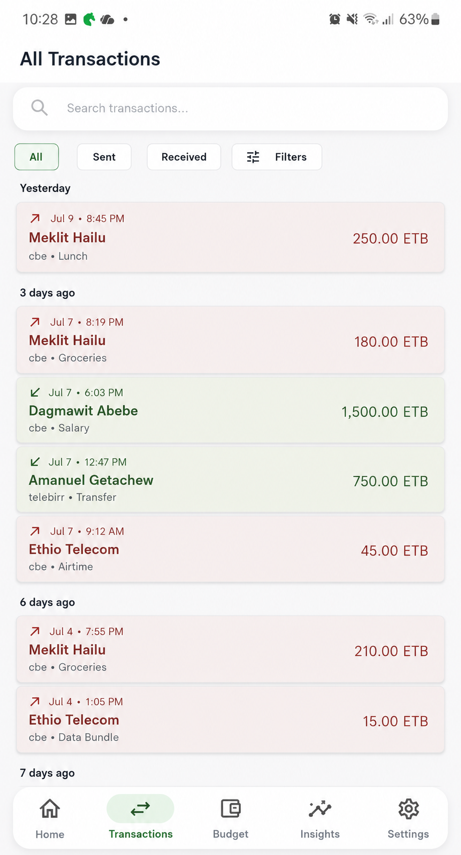 Transaction History